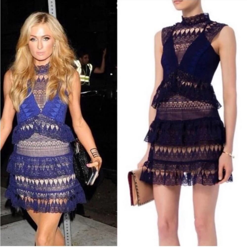 Self Portrait Teardrop Paneled Guipure Lace Mini Dress Holiday Blue Size 4 - Picture 3 of 11